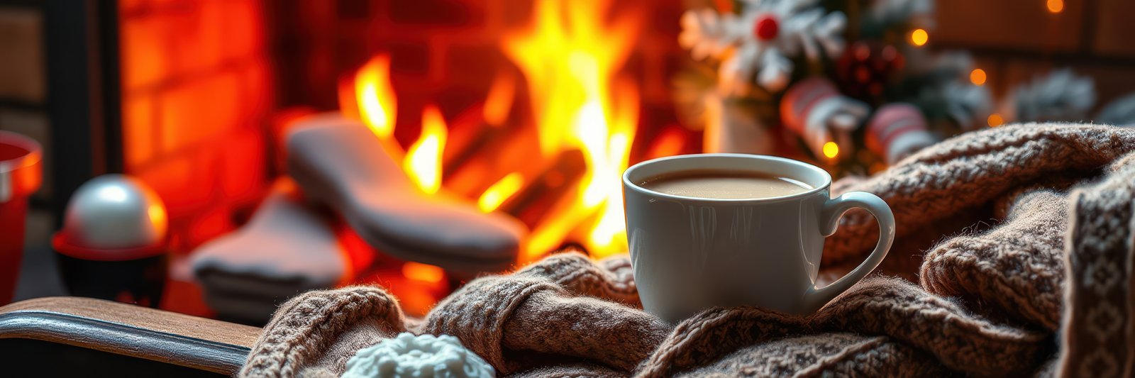 Warm drink enjoyed by the cozy fireplace during winter evening with holiday decorations